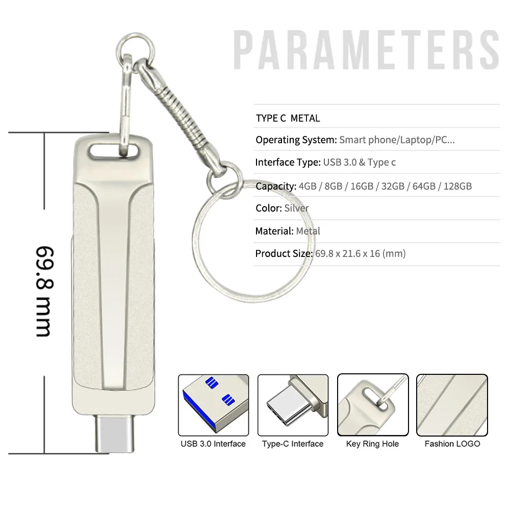 50Pcs Type-cUSB 3.0 Flash Drives 16GB 32GB 64GB Pen Drive 128GB 256GB Memory Stick Device for SmartPhone, Tablet