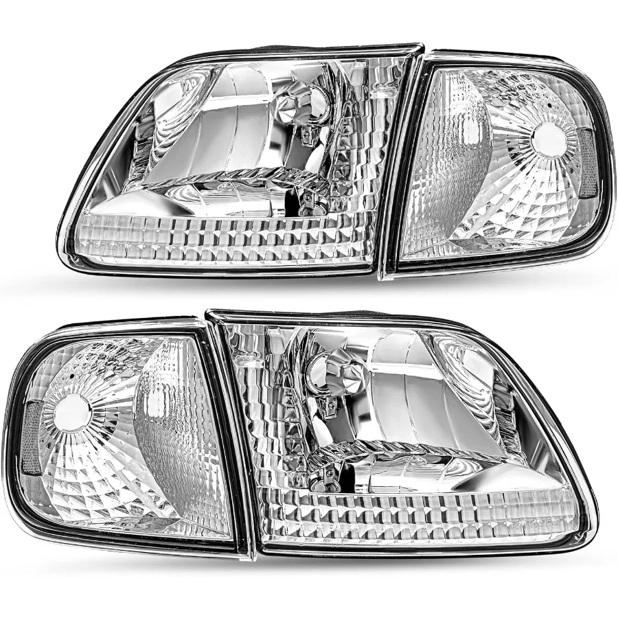 

4pcs Headlight Assembly w Corner Lights Compatible with 97-03 F150 04 F150 Heritage 97-02 Expedition 97-99 F250 Headlamp Chrome