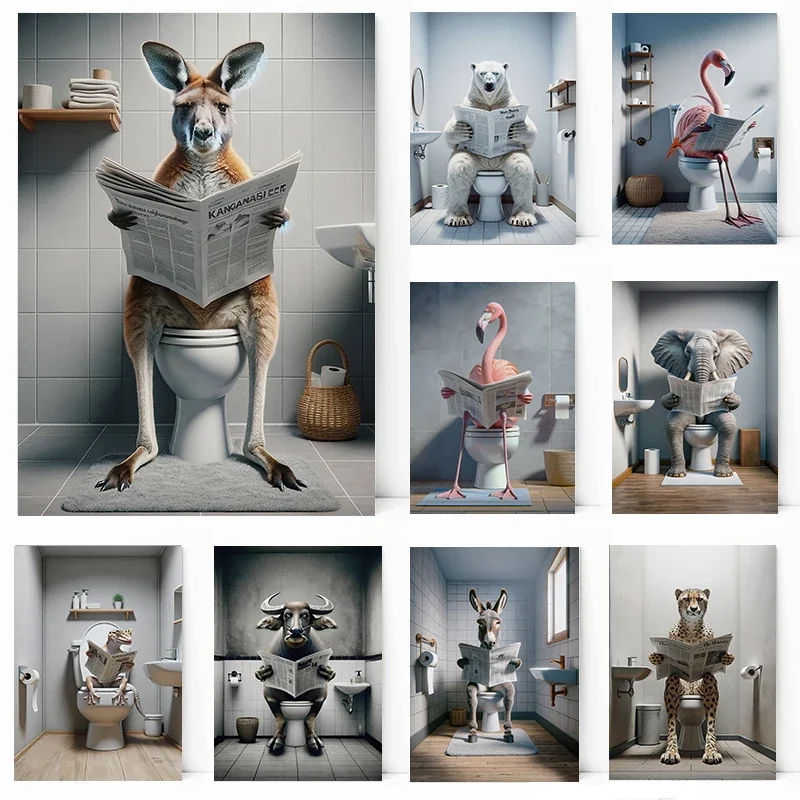 Pelican Flamingo Kangaroo, carteles de lectura de periódicos en el inodoro, pintura en lienzo, animales, arte de pared, imagen, baño, decoración del hogar