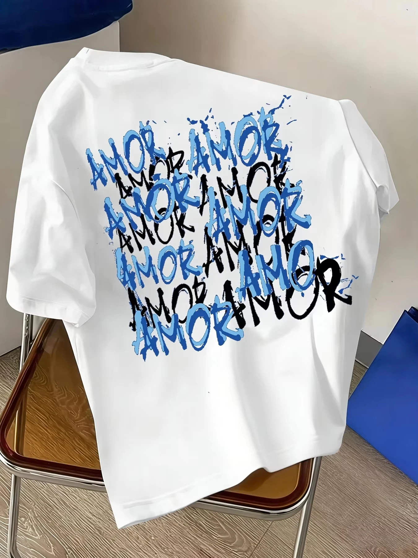 Blue and Black Graffiti Amor Text Print on Premium Soft Cotton Mens T Shirt Perfect for Summer Urban Streetwear Style