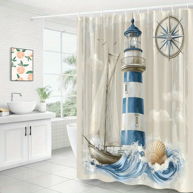 Nautical Lighthouse Ocean Sea Shower Curtain Beach Decor Coastal Bathroom Art Sailboat Marine Waterproof Curtain Shower Liner