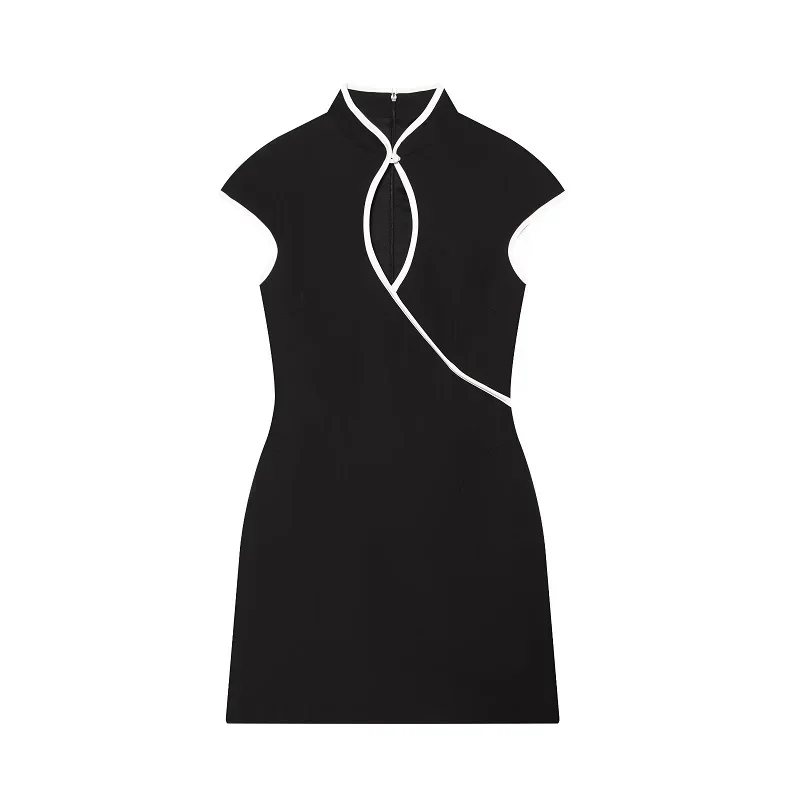 MUJER Ausgeschnittene kurze Kleider für Damen, Sommer-Minikleid im Kontrast-Stil, Partykleider im chinesischen Stil, ärmellose Kleider für Damen – Detail 4