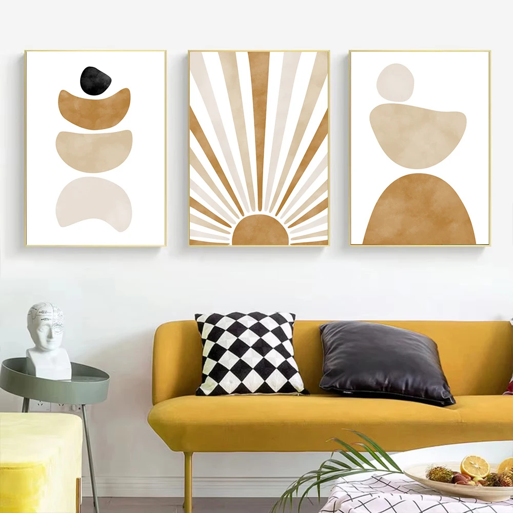 (No frame)Arte de Pared Moderno de Mediados de Siglo con Diseño de Sol y Luna, Pintura en Lienzo, Pósteres y Grabados Geométr
