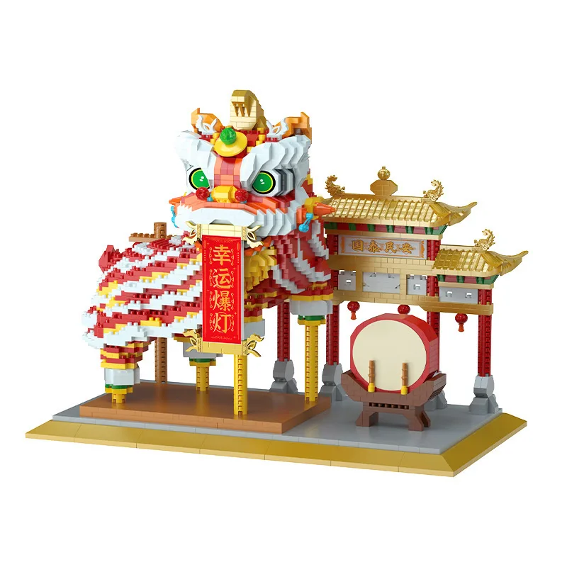 Chinese Dance Lion Memorial Archway Micro Block DIY Diamond Building Brick Toy