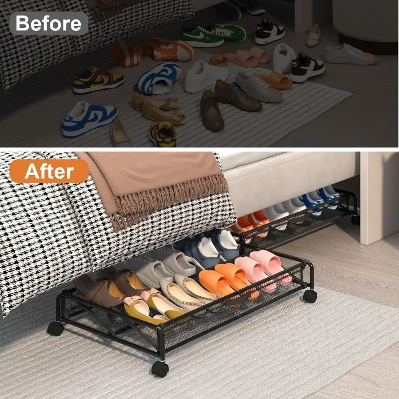 Under Bed Shoe Storage with Wheels, 2 Pack Rolling Under Bed Storage Containers for Shoes Metal Shoe Rack Organizer Bedroom