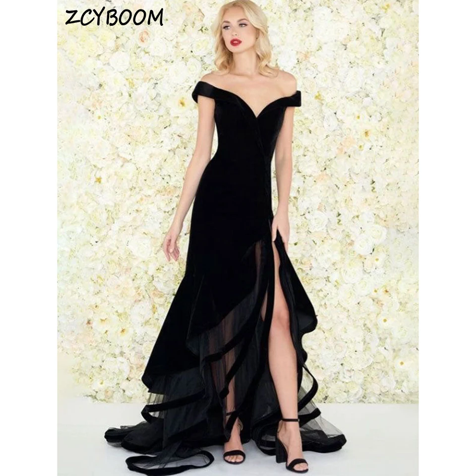 

Charming V-Neck Backless Off The Shoulder Sleeveless Evening Dress 2024 Mermaid Floor Length Side Slit Zipper Party Prom Dress