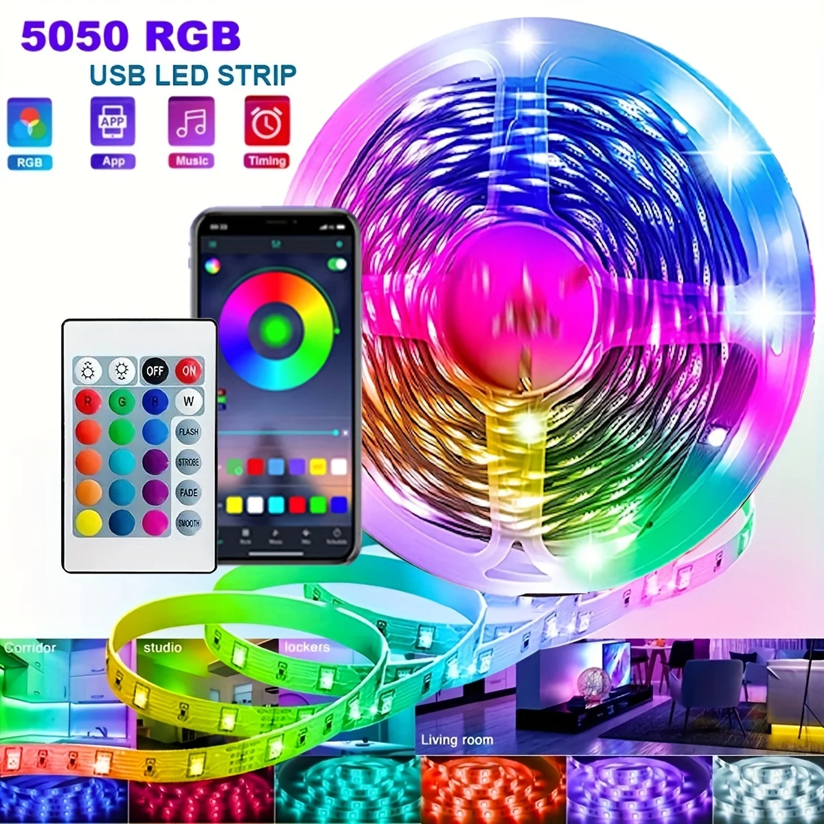 3.2FT-98FT LED Strip Light,TV LED Backlight USB RGB 5050 Color Strip,Sync Color-change LED String,24key APP Control Party Decor