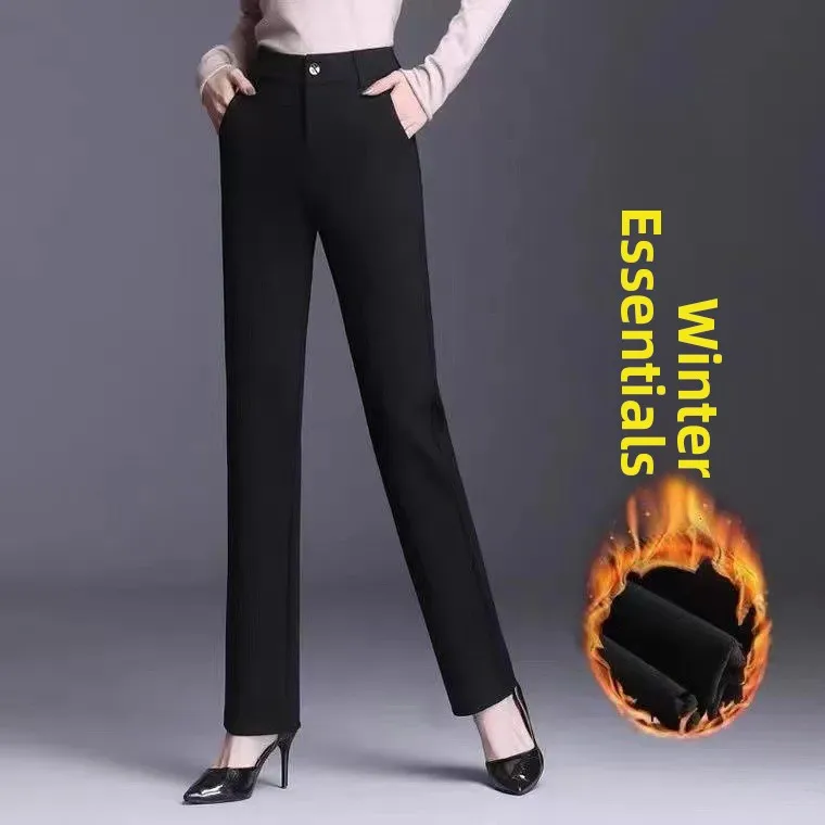 High Waist Fleece Lined Straight Leg Suit Pants for Women Winter Casual Trousers Slimming Effect Long Drapey Flared Pants