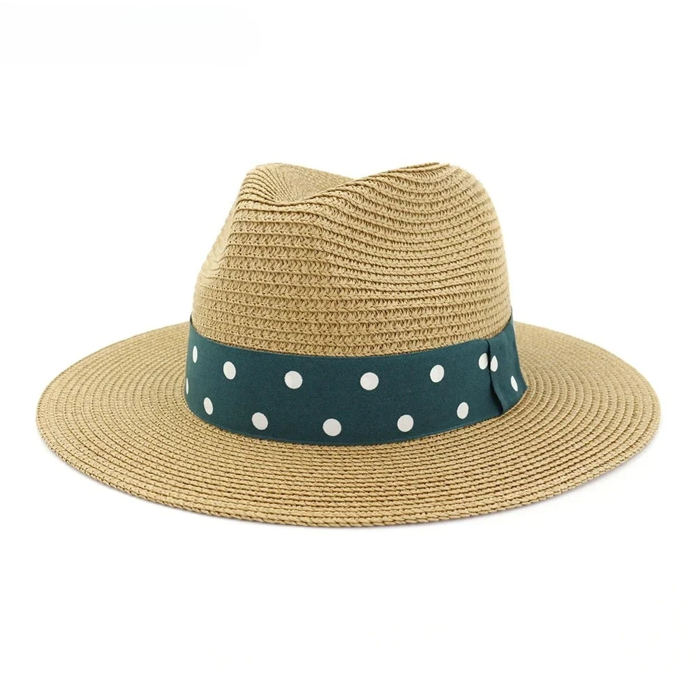 

Polka Dot Print Khaki Women Straw Fedora Female Sun Hat Vintage Panama Hat Summer Beach Sun Fashion Wide Brim Chapeau Jazz Cap