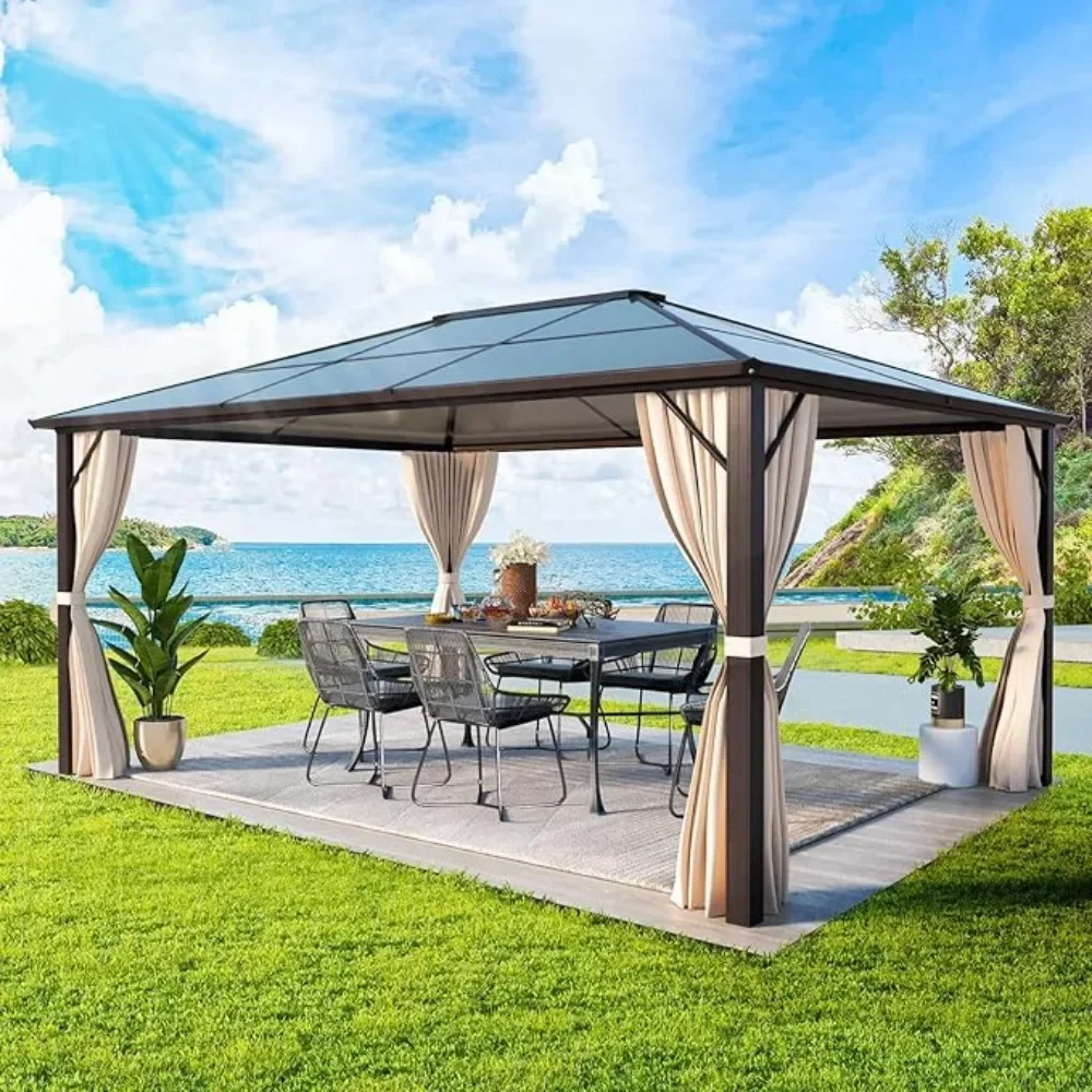 

Hardtop Gazebo, Outdoor Polycarbonate Double Roof Canopy, Aluminum Frame Permanent Pavilion with Curtains and Netting,Gazebo