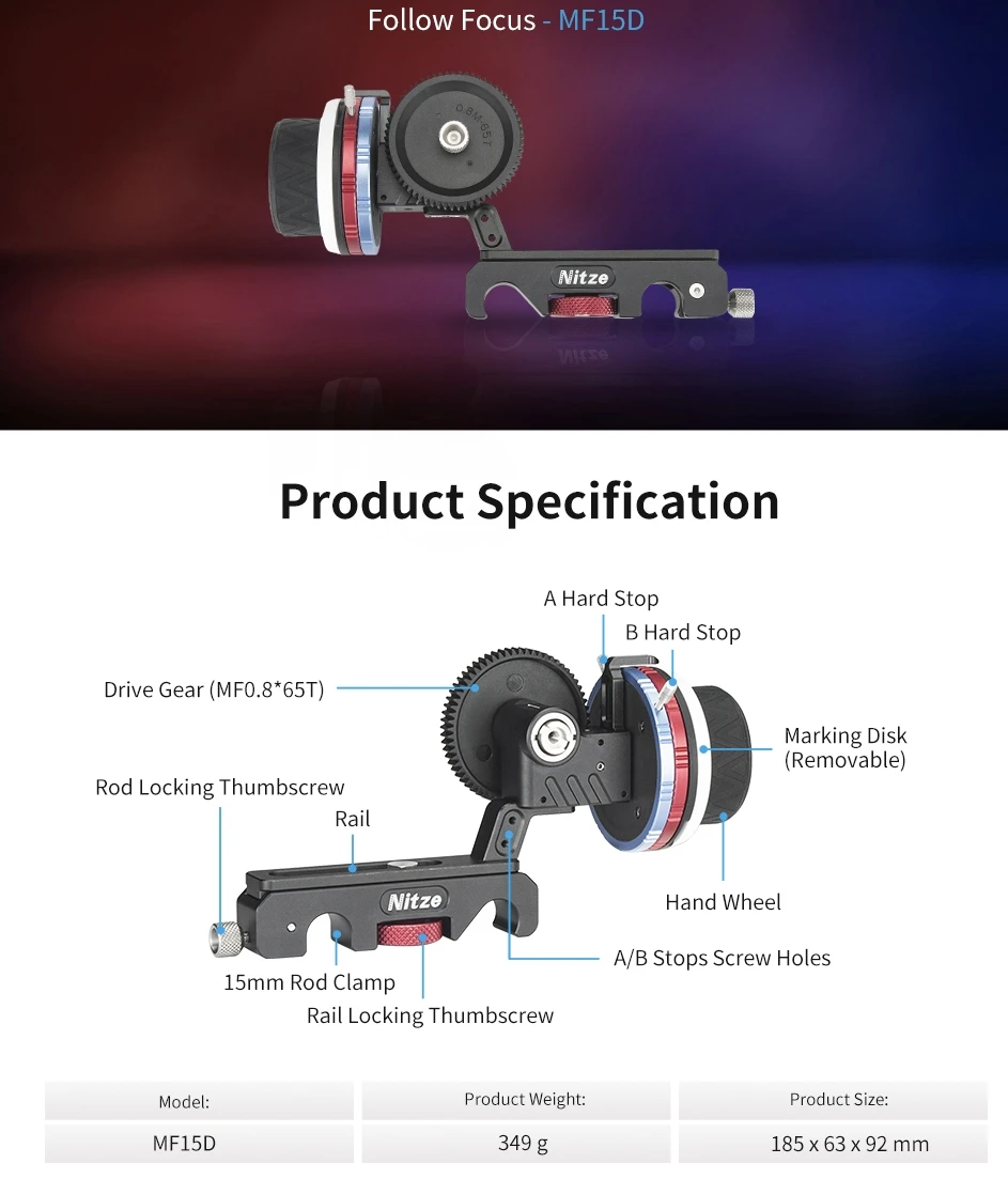 Nitze 15mm Follow Focus Kit MF15D with Reversible Drive Gears, Marking Disks, Gear Ring Belt and Crank 360° Infinity Zoom