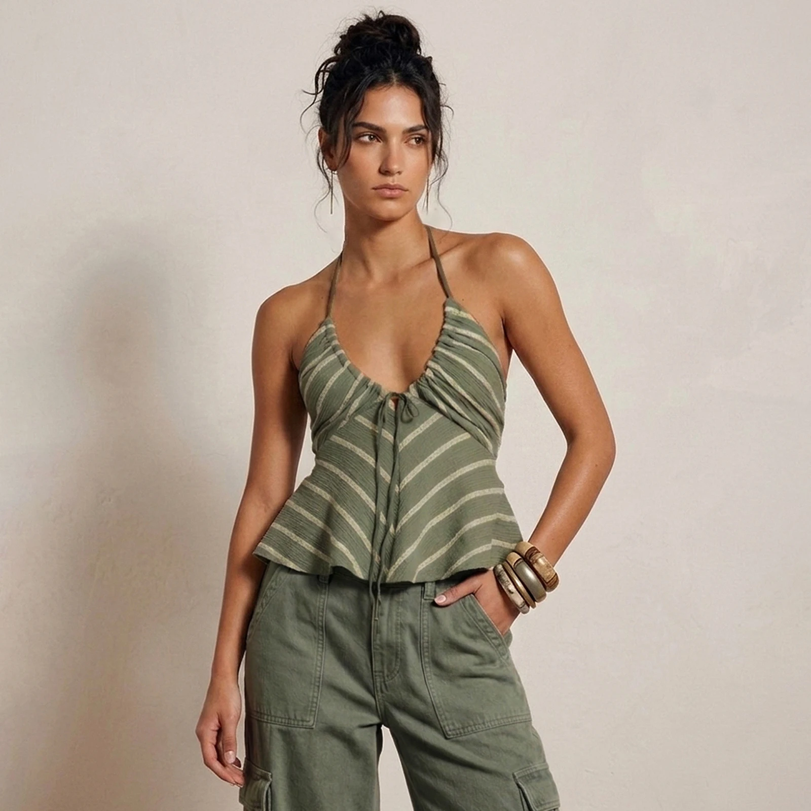 Women's Backless Tie-up Tank Tops Halter Neck Sleeveless Summer Chevron Striped Print Vest Y2k Going Out Top Clubwear