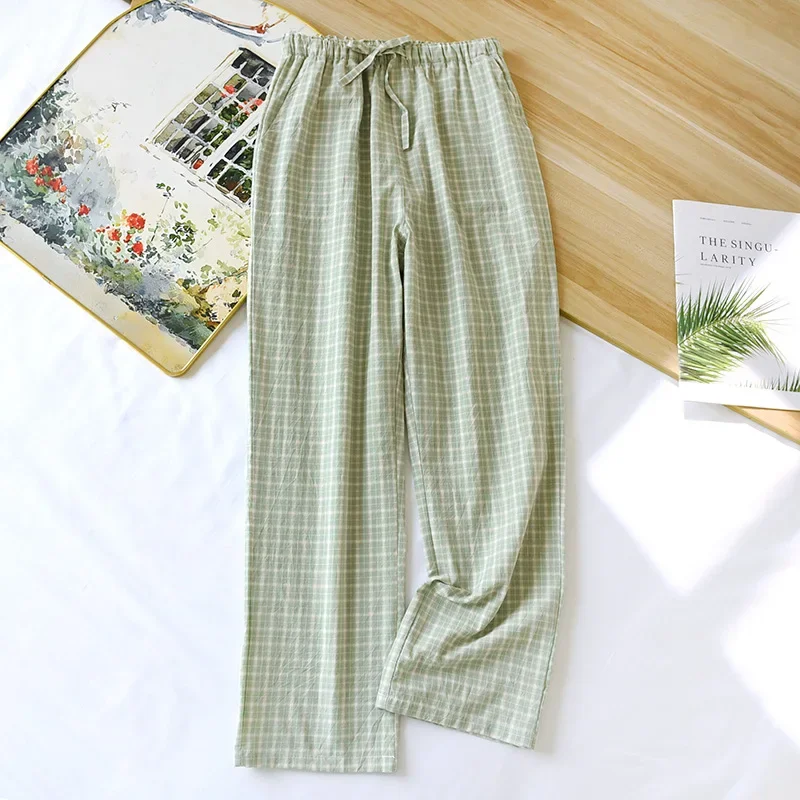 2024 Spring/Summer New Couple Sleeper Pants 100% Cotton Gauze Couple Pants Thin Simple Checkered Home Pants Cute Bottoms