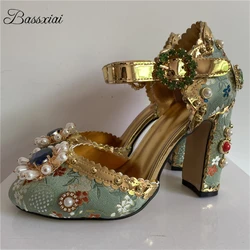 Embroidery Satin Side Fretwork Women Pumps Diamond Rhinestone Beads Buckle Decor Rivet High Heel Party Shoes For Girls