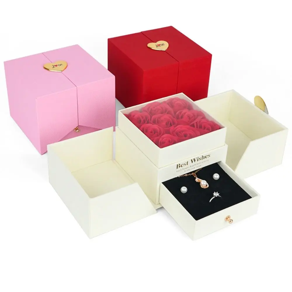 Caja de regalo creativa con forma de rosa en forma de corazón, joyero portátil emergente automático, caja de anillo de diamante para boda de niña