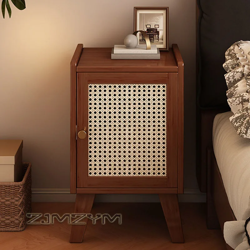 Bamboo Rattan Nightstand Single Door Closed Storage Bedside Cabinet Elevated Leg End Table for Bedroom Small Space view 4