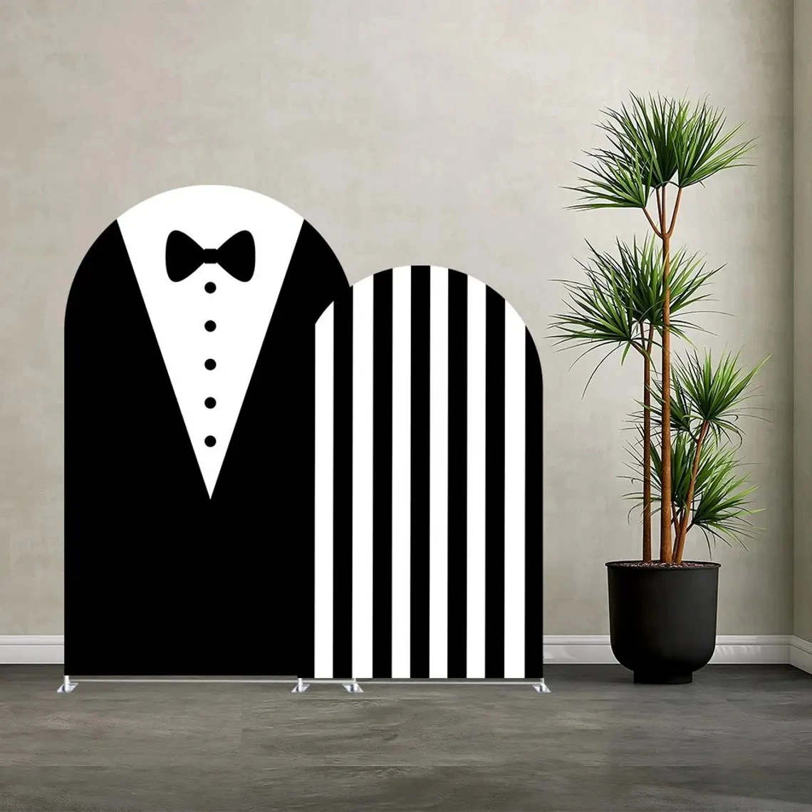 LS مخصص 2-الجانب أسود أبيض شريط القوس بوس بنين حفلة عيد ميلاد استحمام الطفل غطاء كيارا قوس جدار خلفية ديكور خلفية #1