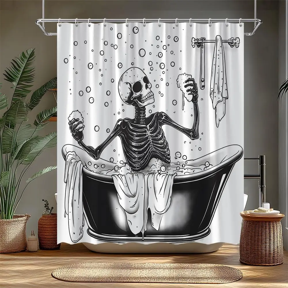 Funny Skull Shower Curtain Black White Skeleton  Bathtub Spooky Cool Halloween for Men Boys Gothic Bathroom Curtains Set with