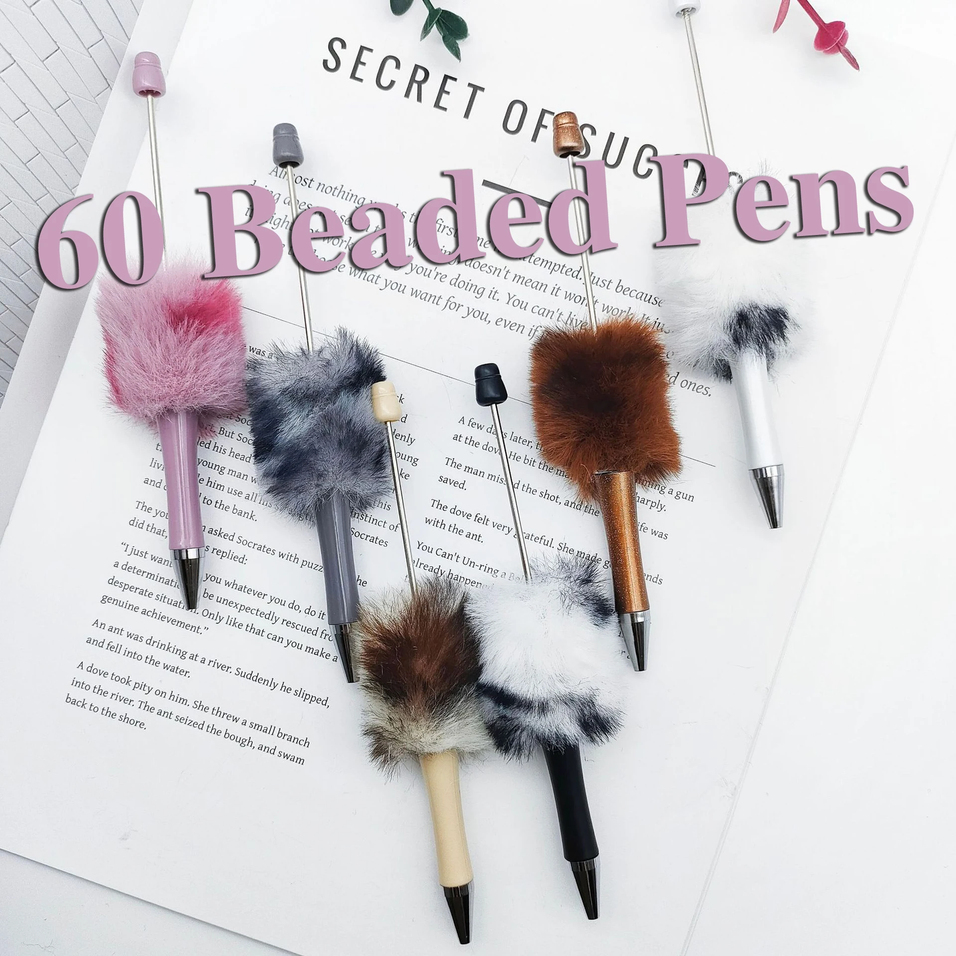 

60Pcs lFeather Plush Bead Pen Wholesale Beaded Ballpoint Pens Advertising Gift Pen Creative DIY Handmade Sticker Stationery