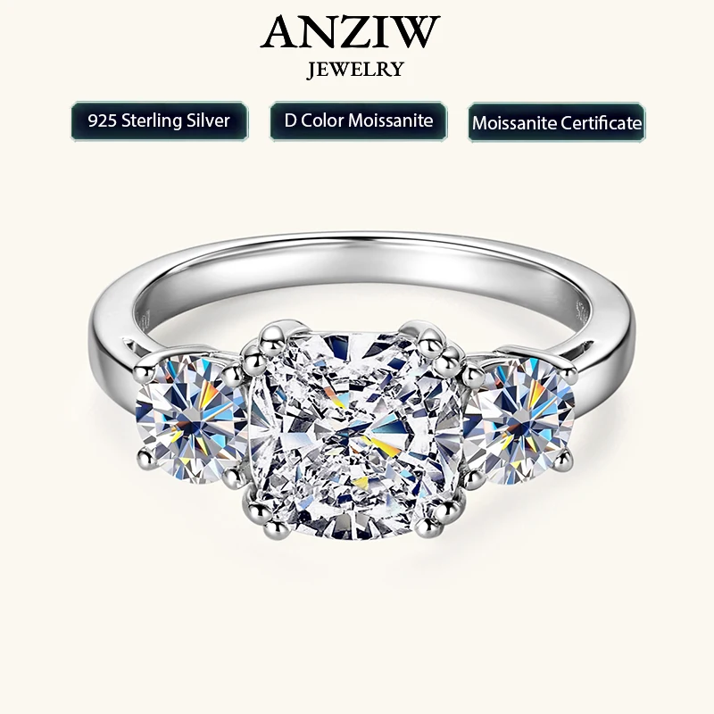 

Anziw 3.5CTTW. Cushion & Round Moissanite Ring 925 Silver 3 Stone Engagement Wedding Promise Rings For Women Finger Jewelry D-E
