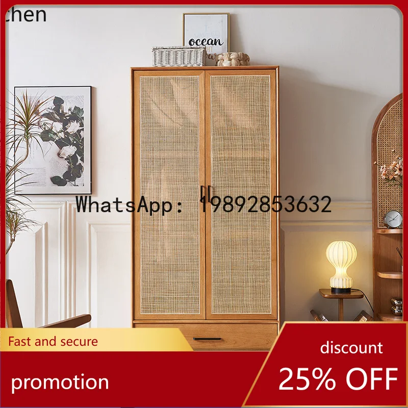 

YFY ZK Rattan Woven Solid Wood Wardrobe Wabi-Sabi Style Bedroom Home Vintage Double Door with Drawers Partition Storage Cabinet
