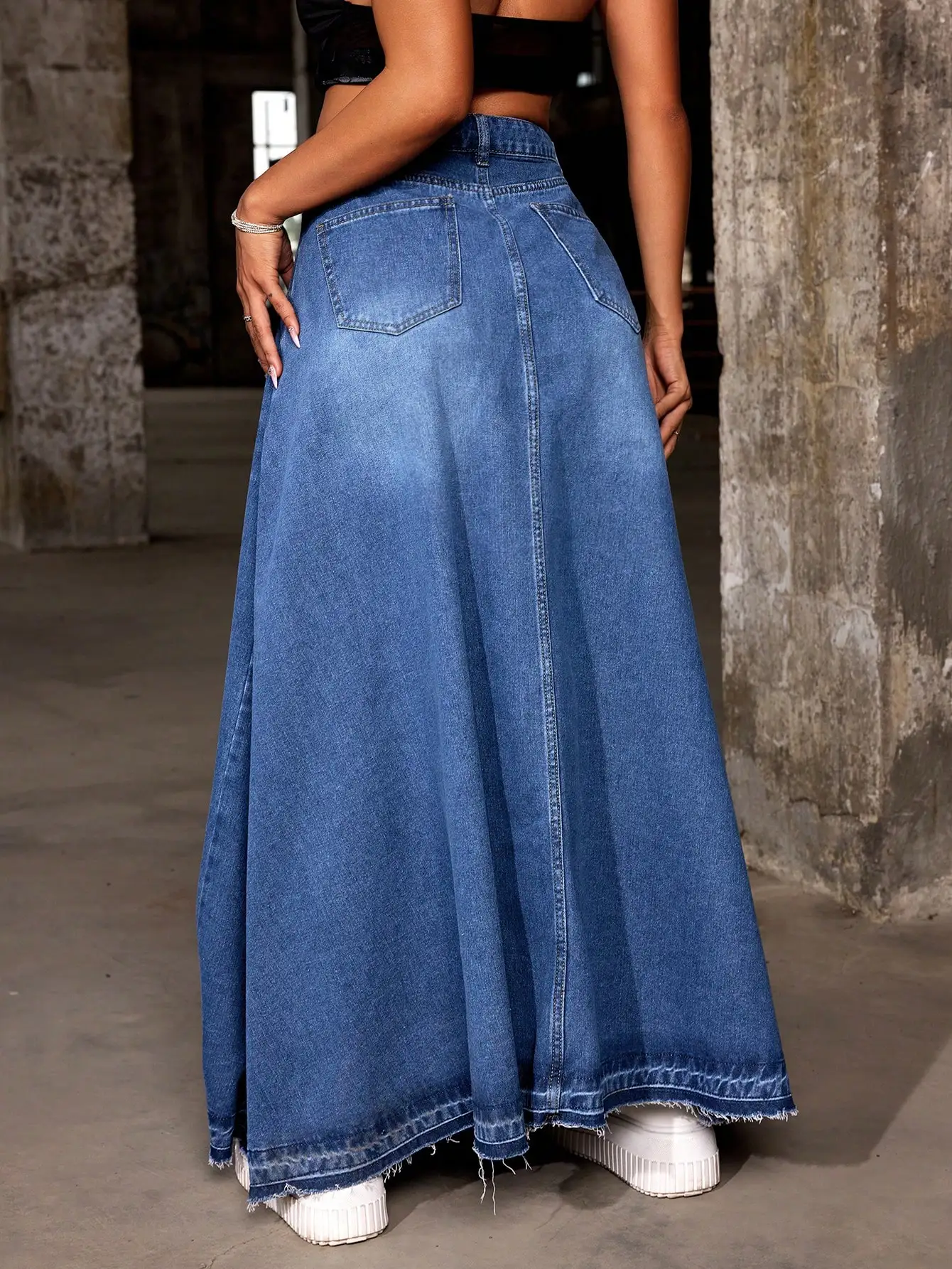 レディース ルーズフィット ロングデニムスカート ポケット付き フレイドヘム