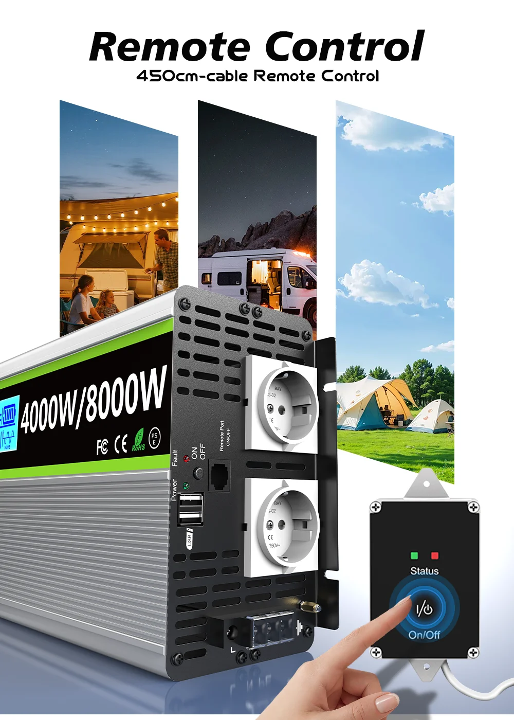 8000 W Solar-Wechselrichter DC 12 V/24 V zu AC 230 V reiner Sinus-Wechselrichter-Konverter mit RC und Dual-USB-Autolade-Wechselrichter – Detail 5