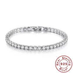 Pulsera de plata de ley 925 para mujer, brazalete de cadena de circón, joyería Simple de compromiso, Glamour de boda, 4MM, 17,5 CM