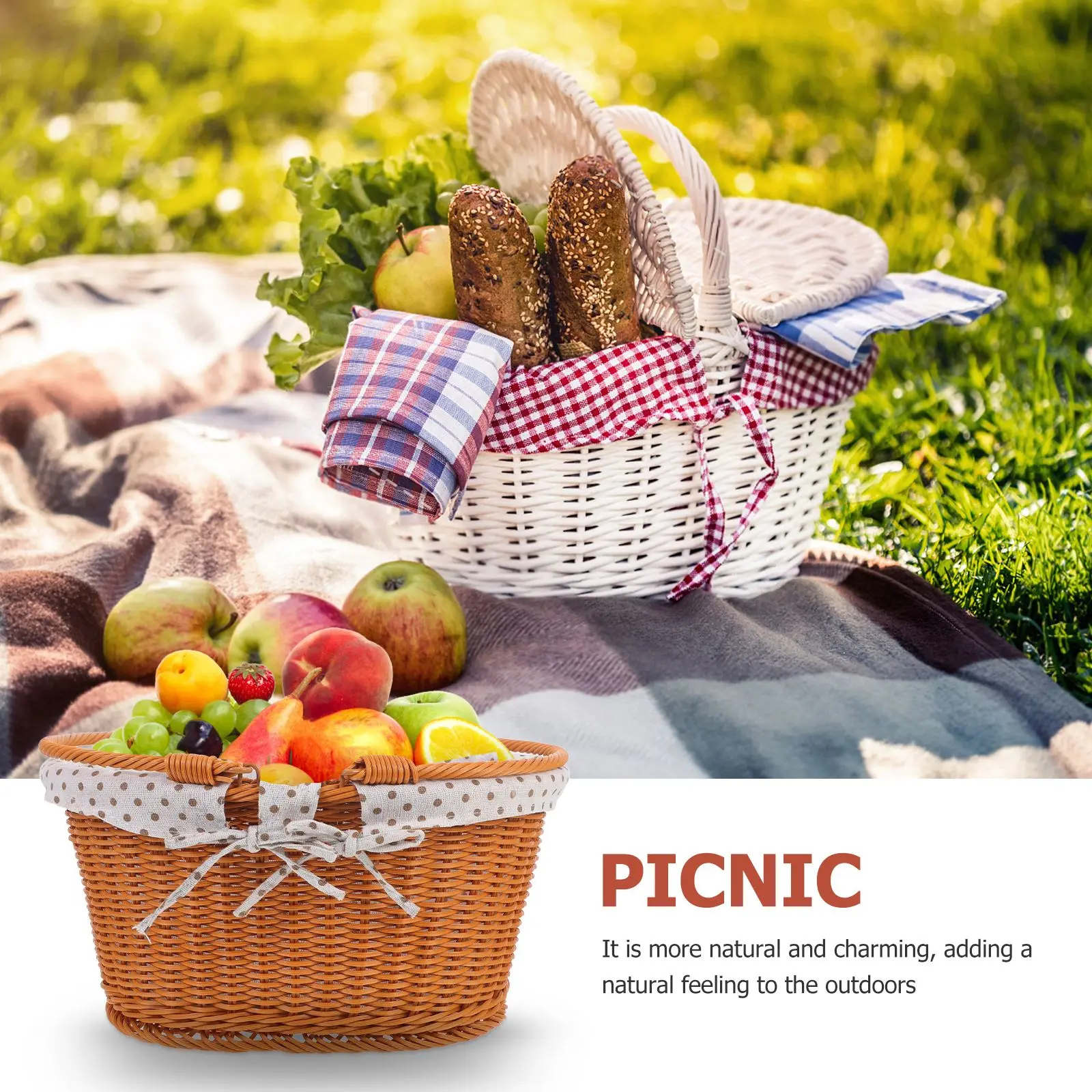 

Portable Imitation Rattan Woven Basket Picnic Basket Outdoor Food Fruit Basket Storage Container Easy To Store Woven Basket