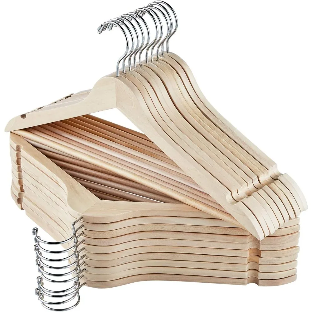 

Wooden Hangers, 30 Pack Slim Wood Coat Hangers with Extra Smooth Finish, Precisely Cut Notches and Chrome Swivel Hook