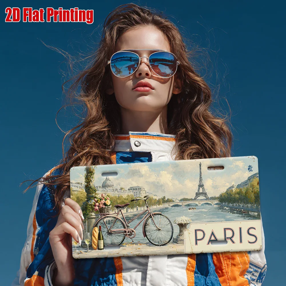 Paris Metal License Plate Wall Art - 11, 8x5, 9 Inch Aluminum Sign with Eiffel Tower & Bicycle Scene, Rustic Outdoor Decor for H