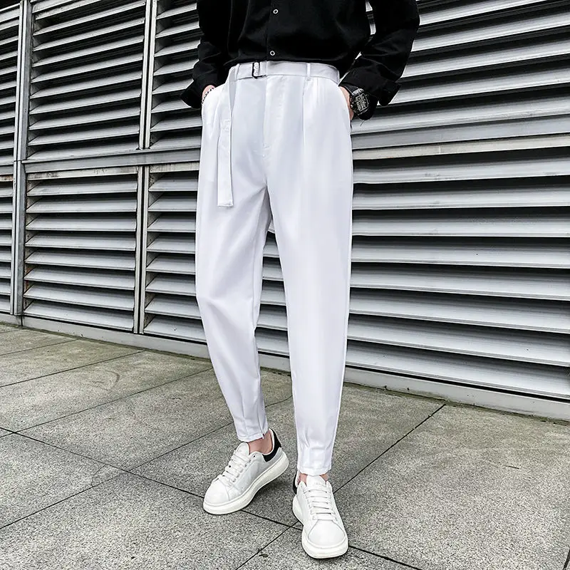 Harlan Trousers for Men Plus Big Size White Pleated with Belt 9 Cropped Elegant Up Stylish Man Suits Pants Korean Style Clothes