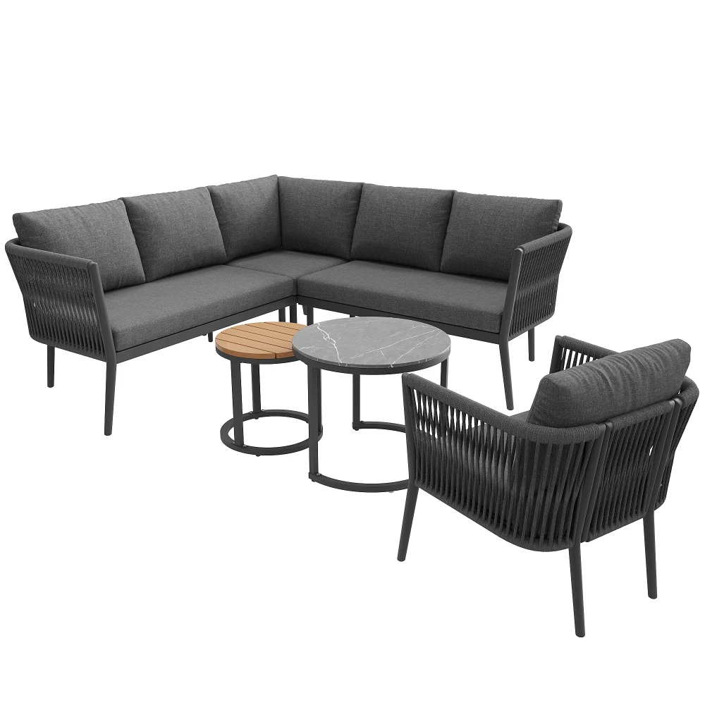 6-delige loungeset van touw voor buiten, weerbestendige, waterdichte patio-conversatiebank voor 5-6 personen, modulair meubilair met kussens