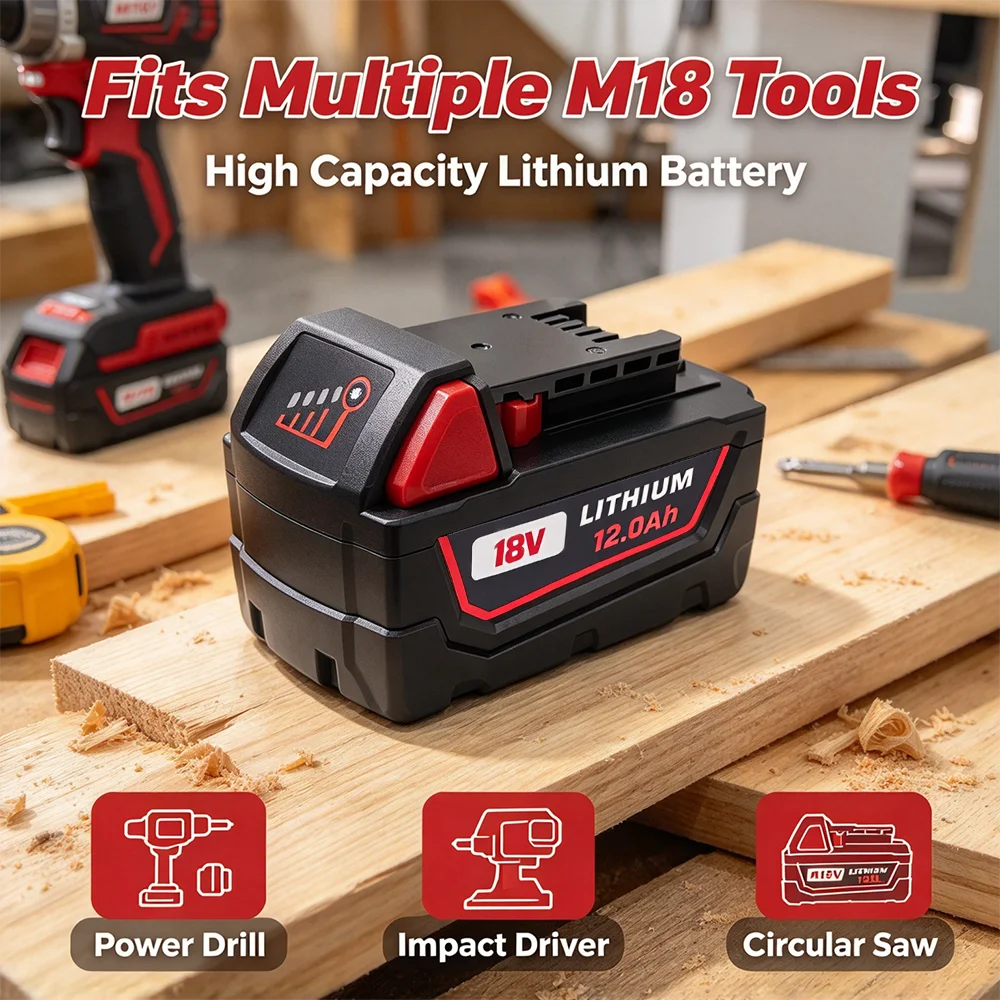 Neu 100% für Milwaukee M18 18V Elektrowerkzeug-Akku 12,0Ah 8,0Ah Wiederaufladbarer Ersatz-Lithium-Ionen-Akku mit 48-11-1860 48-11-1850 48-11-1840 12000mAh Große Kapazität 1/2/4 PACK – Detail 3