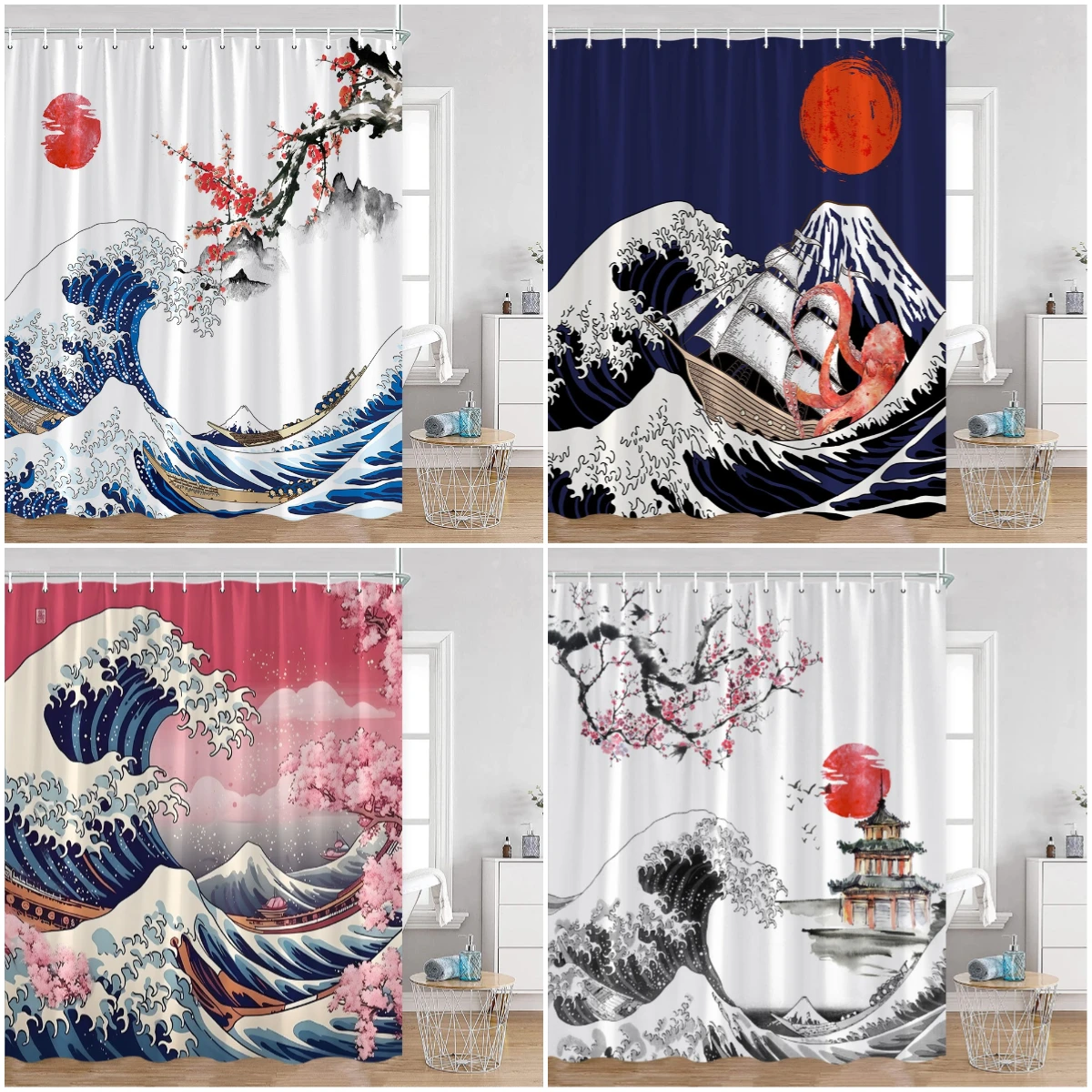 

Занавески для душа в японском стиле Fuji Mount Great Waves Бамбуковые красные солнцезащитные занавески для ванной комнаты Японская ткань украшения для дома для ванны