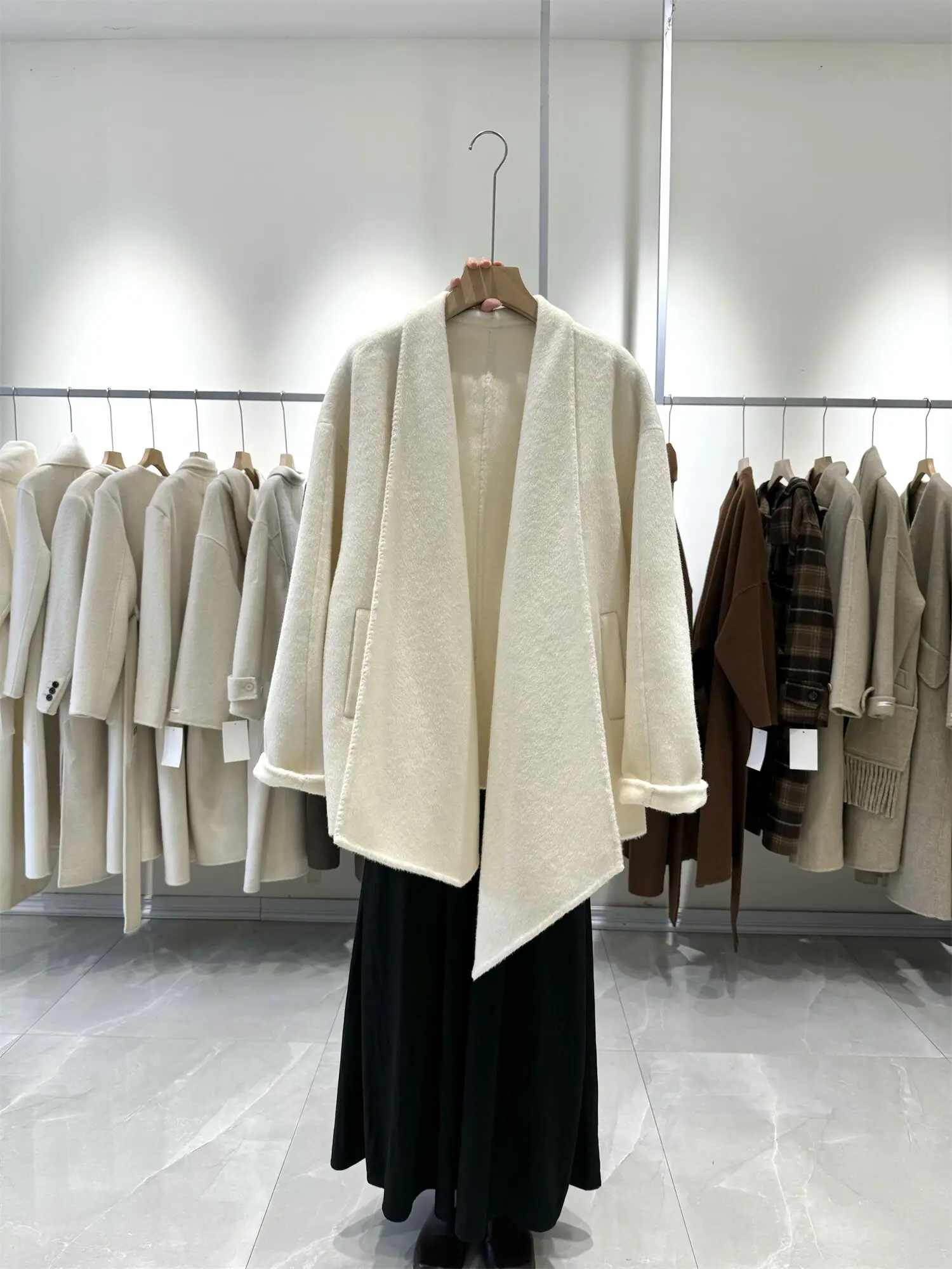 Autumn Winter New Wrap Open Front Double Face Wool Coat Women Korean Loose Asymmetric Woolen Handmade Premium Warm Outerwear