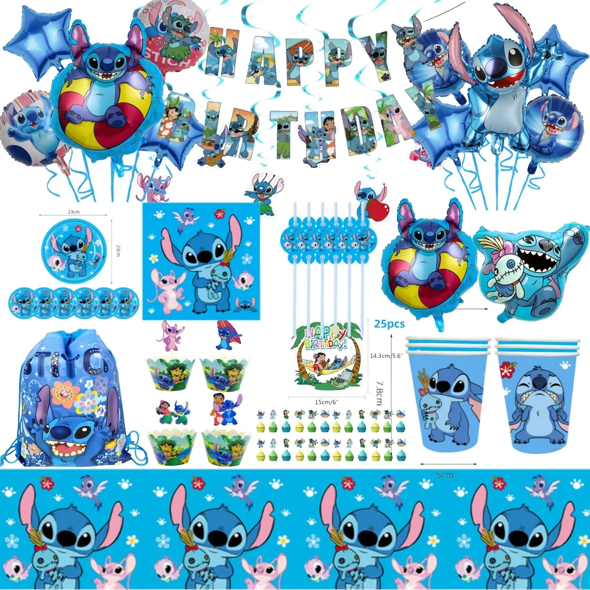 

Stitch Angel Birthday Party Decoration Balloon Cake Plate Paper Cup Box Gift Bag Background Banner 10 People Tableware Set