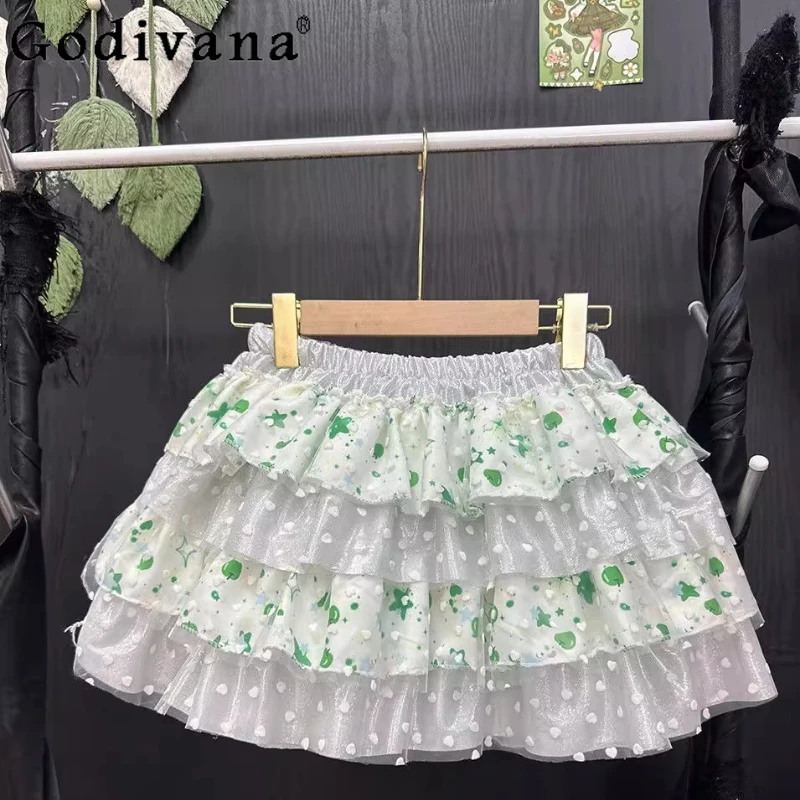 Gonna stile principessa Kawaii Lolita per ragazze Gonna giapponese dolce e carina con volant per torta Gonna da donna punk Y2k con stampa fiocco