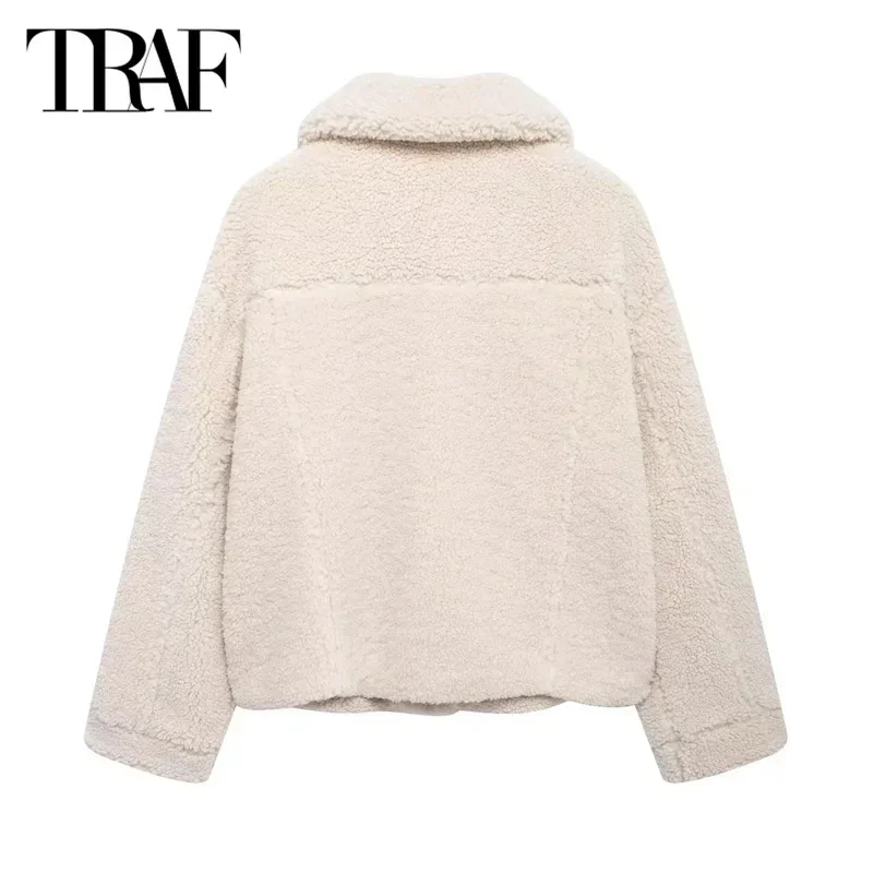 TRAF Women's Warm Winter Jacket Cropped Fleece Coat 2024 Autumn Long Sleeve Short Demi-Season Plush Parkas New In Outerwears