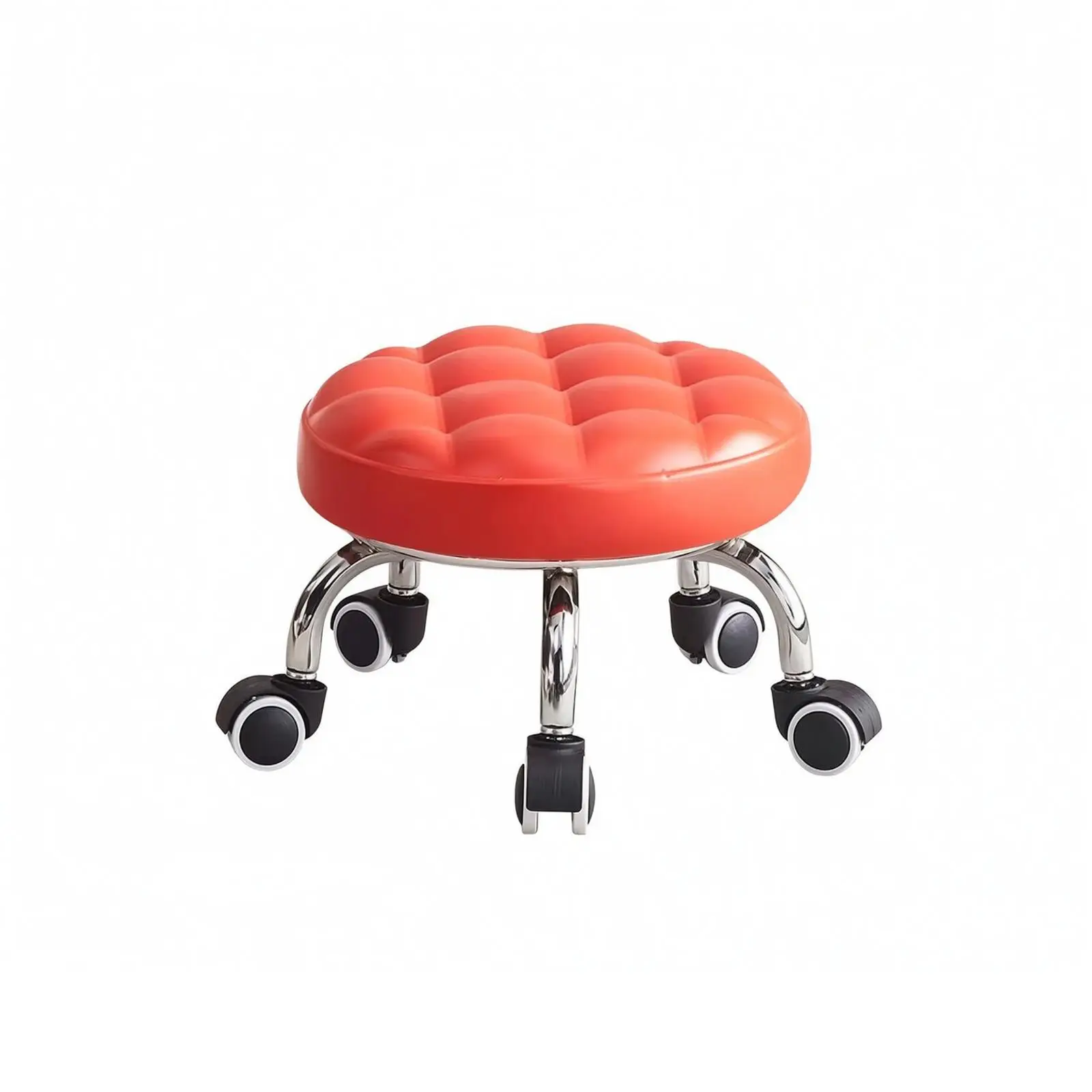 Swivel Rolling Seat for Children Tufted Leather Padded Stool on Wheels Low Profile Round Seat for Beauty Salon Vanity