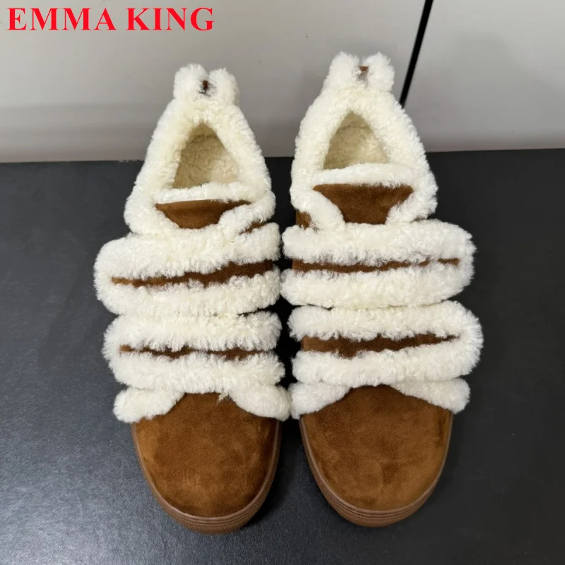 2024 Women Winter Fur Casual Shoes Suede Leather Platform Round Toe Flat Casual Sneakers Thick Sole Fluffy Ladies Designer Shoes