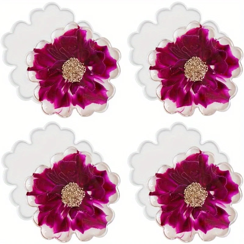 Set mit 4 Silikonformen für 4-Zoll-Blumenuntersetzer, glänzende Oberfläche, wiederverwendbar, geeignet für die Herstellung von Harzuntersetzern und Kerzenhaltern.