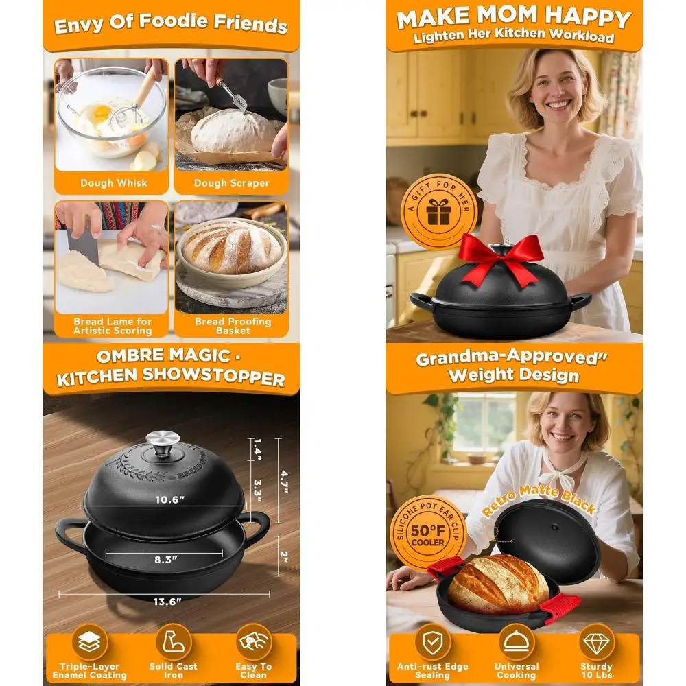 

6-Quart Cast Iron Dutch Oven with Lid and Sourdough Starter Kit for Authentic Artisan Bread Baking