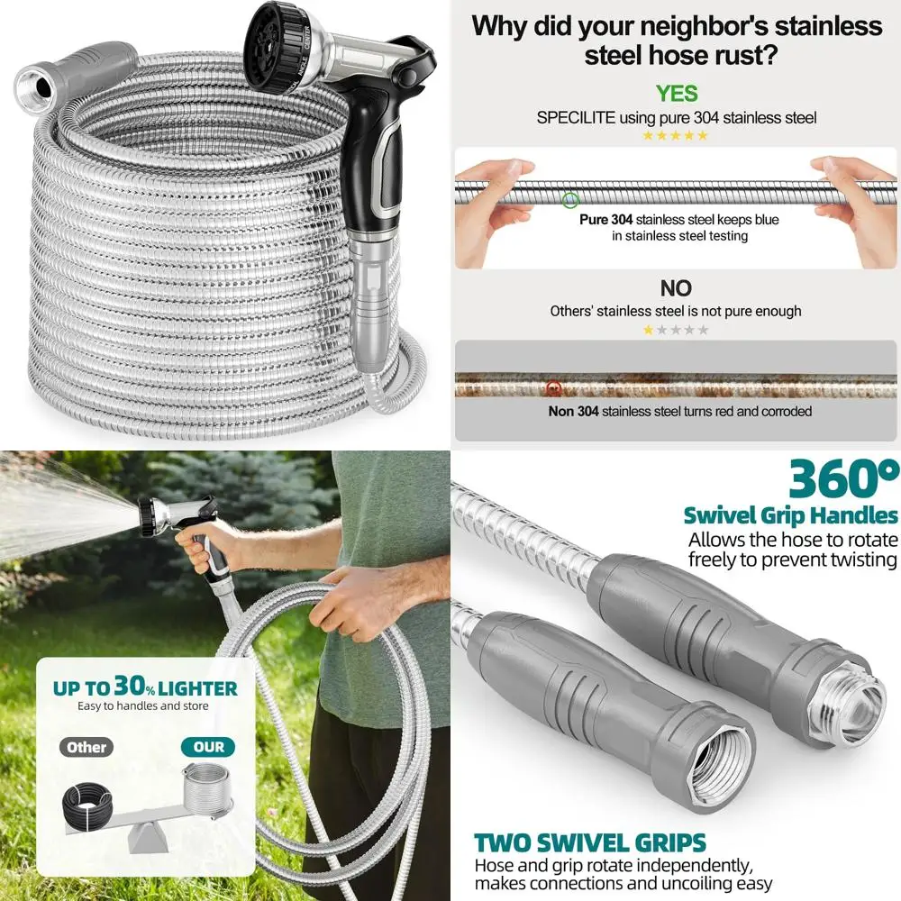 

Stainless Steel 100ft Garden Water Hose with Swivel Handle - Lightweight Flexible Pipe and Heavy Duty Nozzle for Yard Irrigation