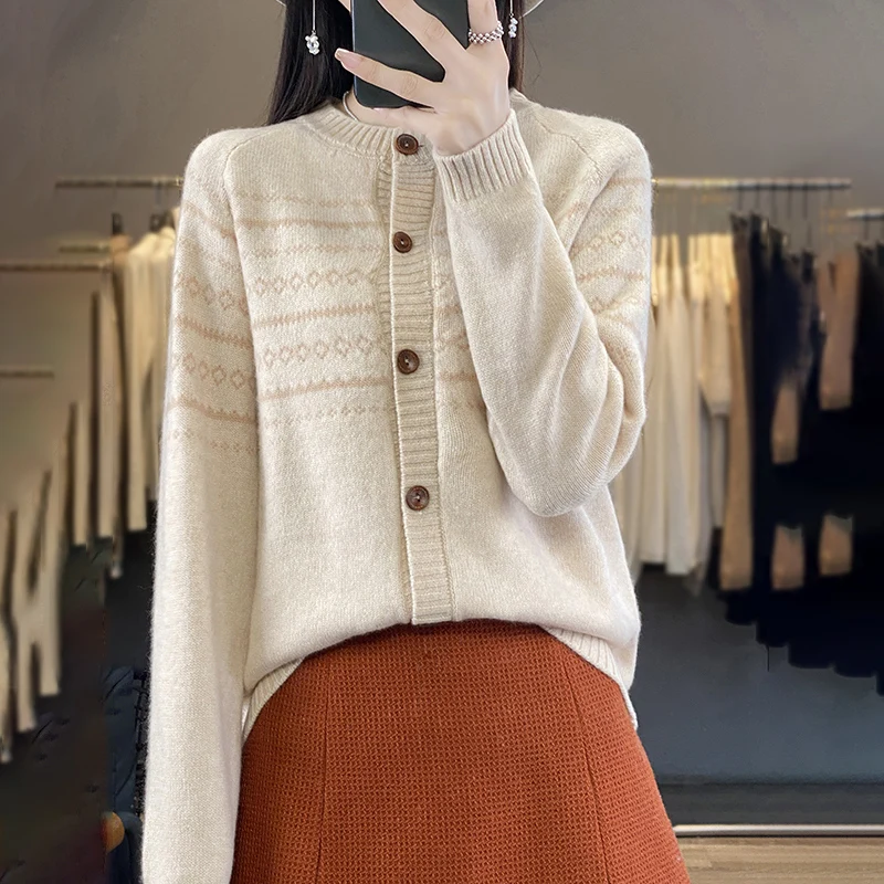 DjzDsm Autumn/Winter New 100% Merino Pure Wool Women's Contrast Knitted Cardigan Round Neck Warm Versatile Sweater Cardigan