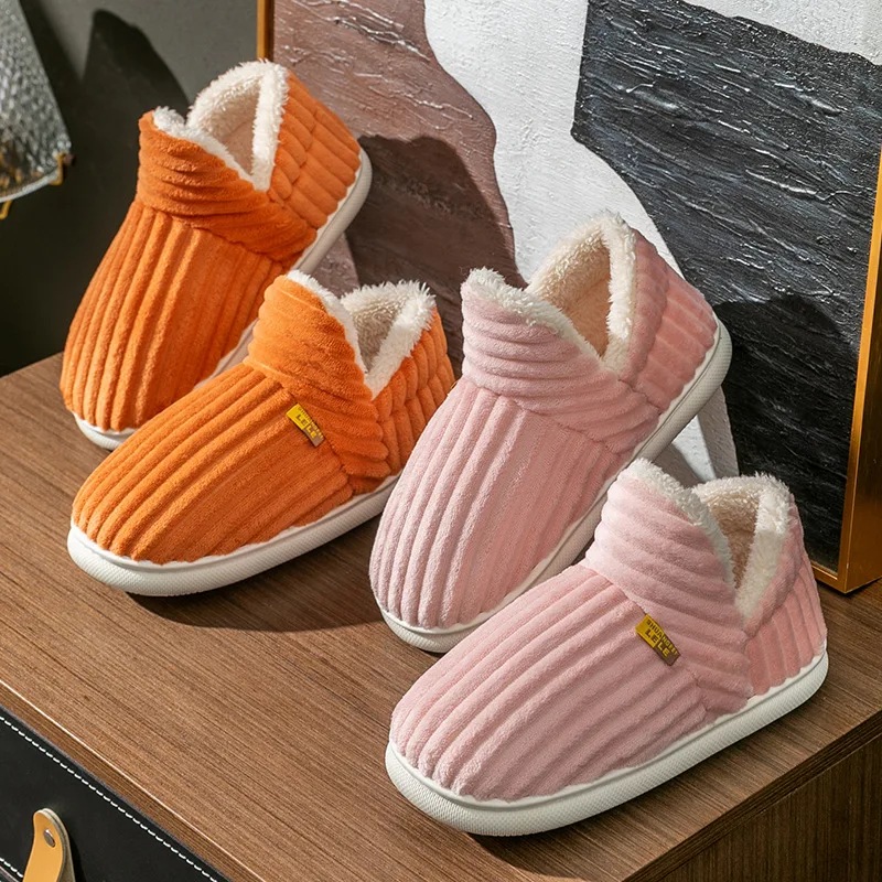 Warm Fleece Lined Corduroy Closed Back Slipper Men Women Winter Non slip Soft Sole Indoor Outdoor House Home Couple Cotton Shoes