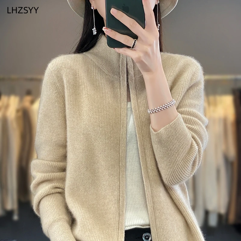 LHZSYY Autumn Winter New 100%Pure Wool Zipper Cardigan Ladies Stand Collar Knit Jacket Loose Top Warm Cashmere Sweater WomenCoat