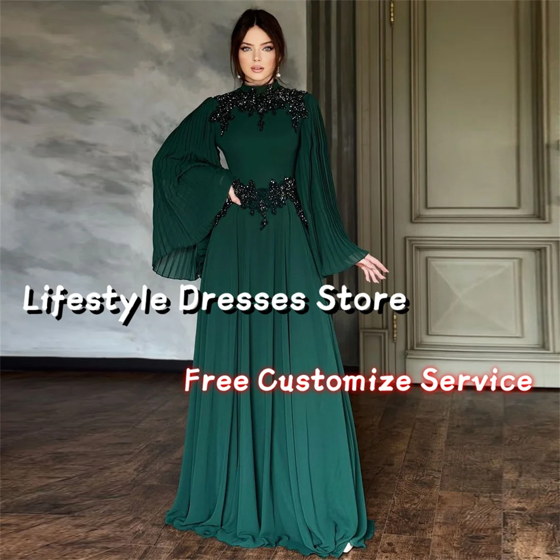 Customized High Collar Shiny Applique Prom Dresses Flare Long Sleeves Evening Dress Party Gown vestidos para eventos especiales