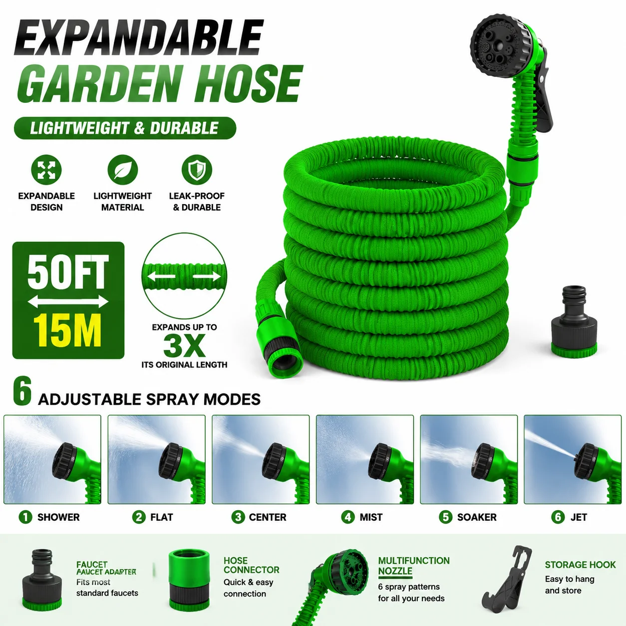 【Bestseller】Auslaufsicherer, erweiterbarer Gartenschlauch, 50 Fuß, Sprühpistole mit 6 einstellbaren Sprüheinstellungen, leichter, einziehbarer, flexibler Schlauch für die Rasenpflege im Freien – Detail 2