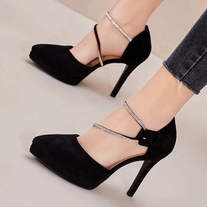 2025 Women 10cm High Heels Suede Rhinestone buckle belt Sandals Lady Fetish Stilettos Nightclub Red Bottom Prom Catwalk Pumps